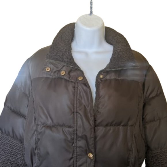 Long Hooded Dark Green Puffer Coat with Cinched Waist Size Large - Picture 5 of 11